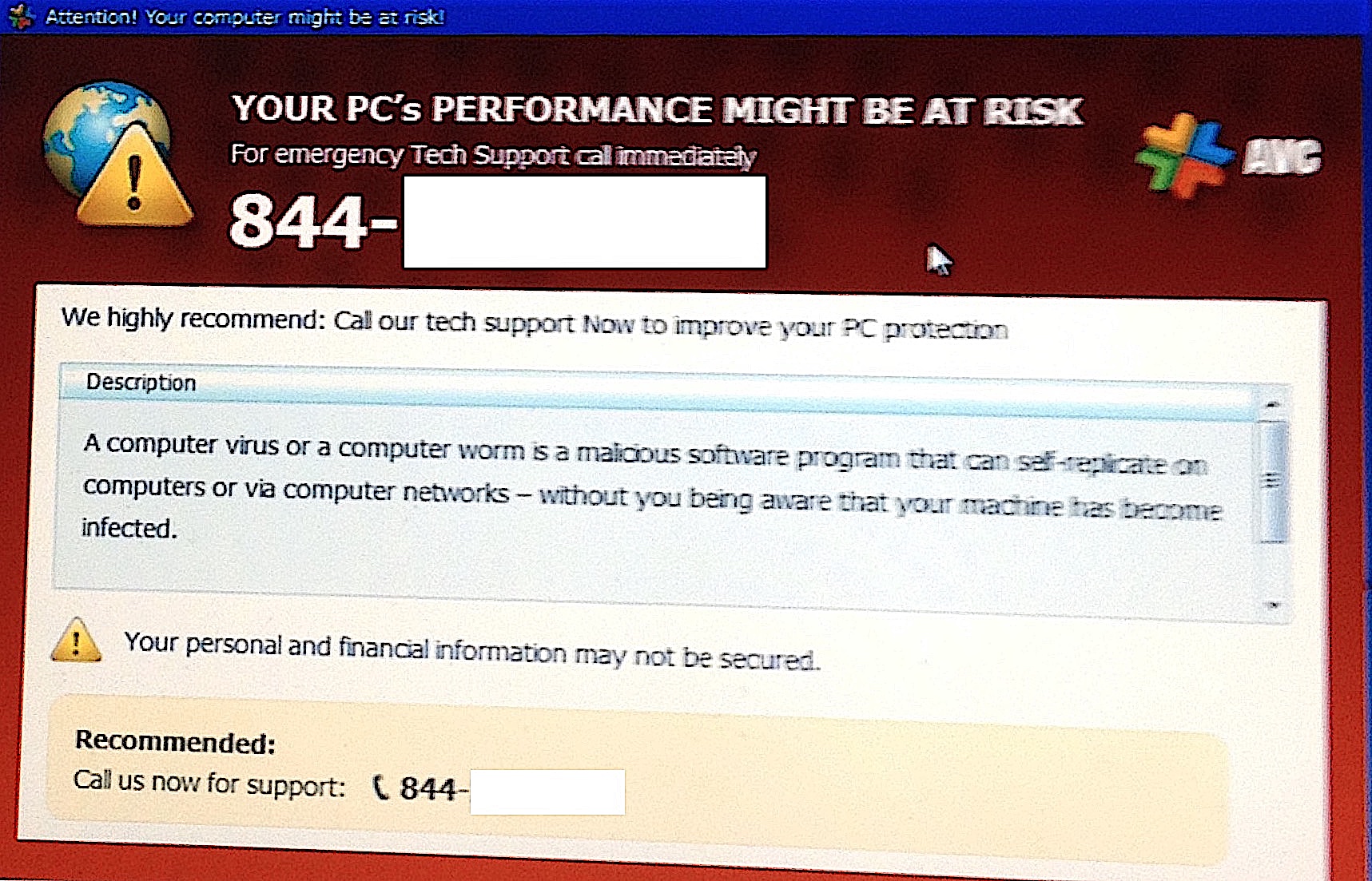 Illustrative computer screen showing a fraudulent virus warning