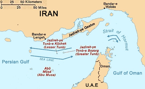 Map showing the Strait of Hormuz and surrounding coastlines
